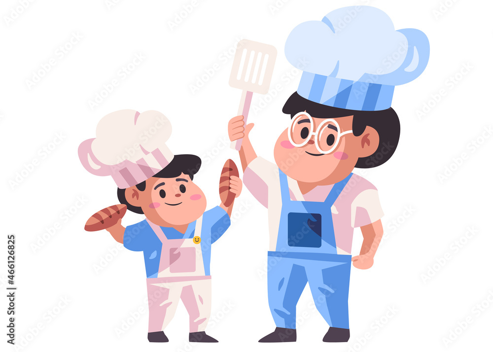 cooking time together with parent celebrate happy fathers day, holding paddle kitchen utensils and bread dough cartoon flat color isolated background vector cooking time together with parent celebrate happy fathers day, holding paddle kitchen utensils and bread dough cartoon flat color isolated background vector