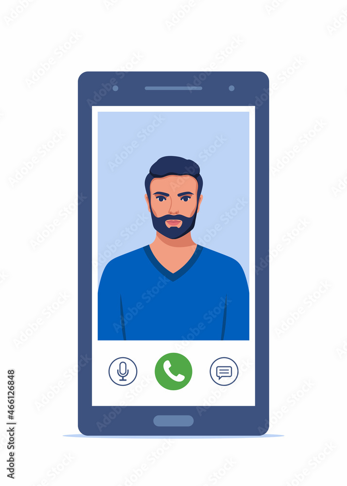 Video call on smartphone. Young man on smartphone screen with connection icons. Communication online using the phone. Talking through video call. Chatting online. Vector illustration.