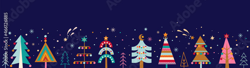 Set of hand drawn christmas trees with toys under the snow in Scandinavian style. Xmas isolated cozy decor elements. Template for print, wishing,design,leaflets, posters, business cards, web.Vector