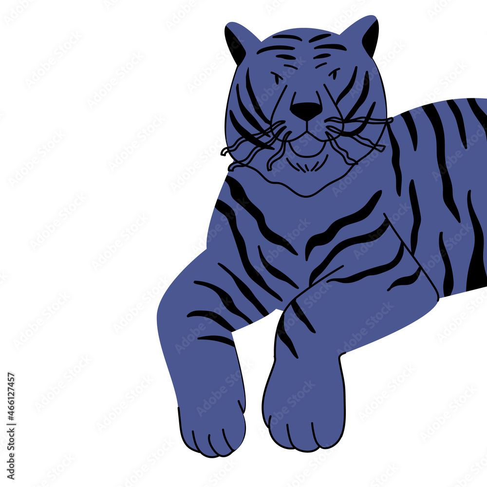 Fototapeta premium Cartoon blue tiger. A wild animal of the feline family hand-drawn. A colorful symbol of the year. Vector illustration on a white isolated background. An element for your design.