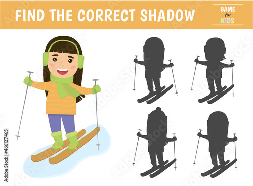 Children's game find the right shadow. A girl goes skiing in winter. Vector illustration.