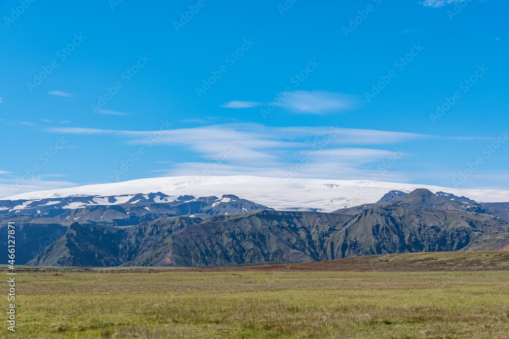 Glacier Myrdalsjokull in the beautiful countryside landscape of Iceland