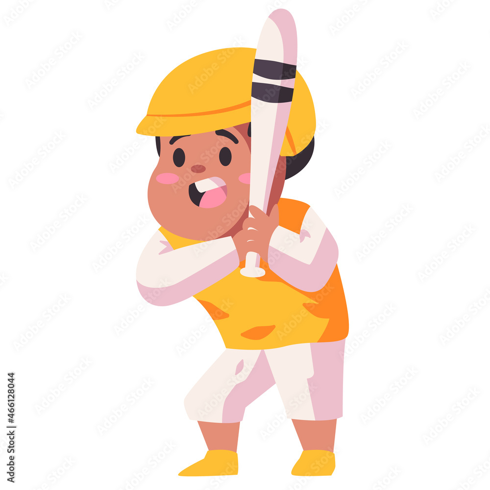 Children kids play baseball with yellow helmet and costume holding bat flat color isolated background vector illustration Children kids play baseball with yellow helmet and costume holding bat flat color isolated background vector illustration