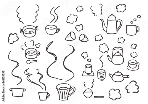 いろんな手描きの湯気や飲み物のイラストセット