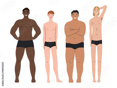 Diverse group of man of different nationalities and body types standing and smiling on a white background