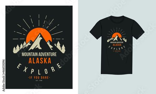 The rising sun in Alaska. Explore Mountain Adventure if you Dare. Menswear Vintage Printed T-shirt.