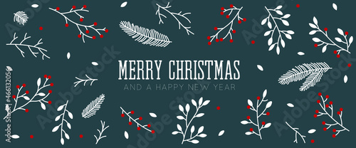 Merry Christmas card with decorative branches floral background green handdrawn vector illustration