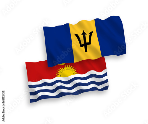 National vector fabric wave flags of Republic of Kiribati and Barbados isolated on white background. 1 to 2 proportion.