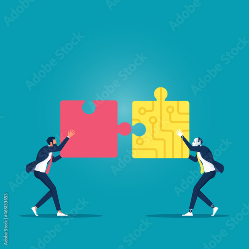 Robot and businessman connect jigsaw puzzle, Cooperation of artificial intelligence and business, Machine learning partnership