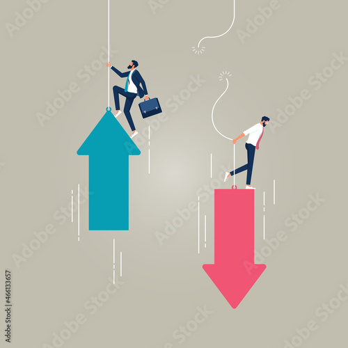 Rise and fall in business, Business person and arrows representing rise and fall, financial investment crisis volatility concept