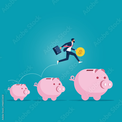 Investment and savings growth, business man jumping from small piggy bank to bigger profit to achieve financial goal