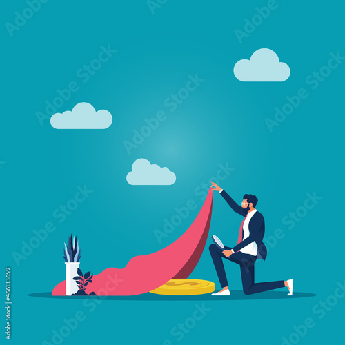 Finding money for investment concept, businessman with magnifying glass find dollar coin money under the carpet