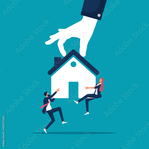 Bankruptcy man and family fighting to hold back their house with big legal hand evict it by law, Eviction and mortgage loan