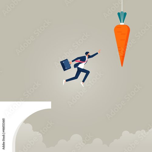 Motivation and incentive to motivate employee, seduced businessman jump in the air to catch tempting carrot baiting lure from the stick, Reward or trick to influence people concept