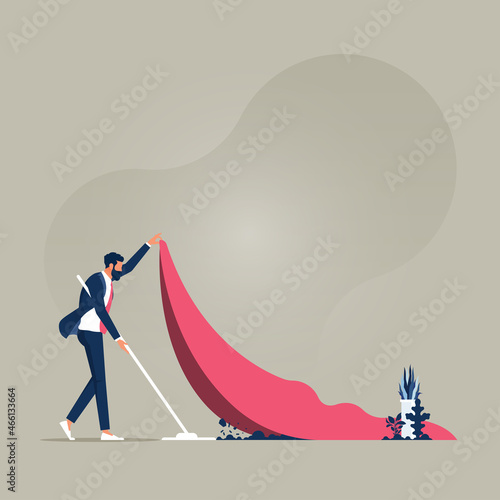 Delay trouble solution or secret hiding in abstract allegory and metaphoric scene with businessman sweeping problem under the carpet
