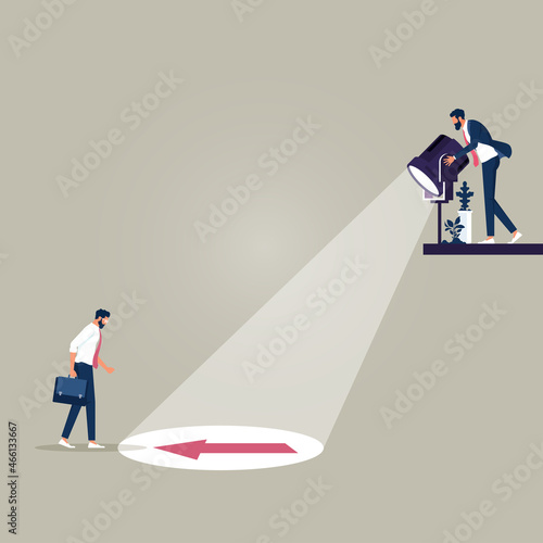 businessman holding spotlight uncovering hidden arrow sign, showing the way of business for partner, Uncovering Direction vector concept