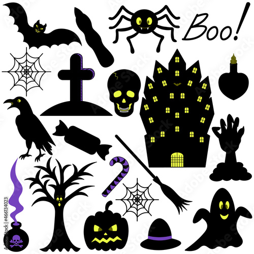 Halloween. Silhouettes. Set of vector illustrations. Collection of festive mystical elements. Pumpkin, ghost, bat, spider, raven. Isolated white background. Idea for web design.