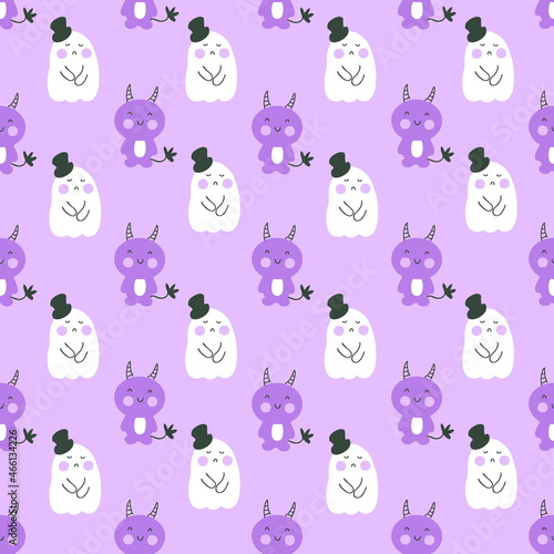 Seamless Halloween pattern with devils and ghosts in top hats. Perfect for T-shirt, textile and prints. Hand drawn illustration for decor and design.