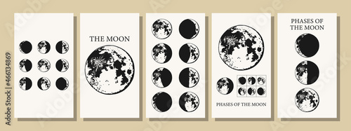 The Moon, Moon Phases in modern colors, contemporary aesthetic poster, background or card template in popular art style