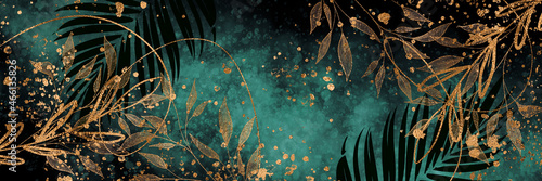 Background with effects and gold paint splatters. Minimalistic style with gold ribbons. Plants with leaves, organic shapes, watercolor style. For web, banners or cards.