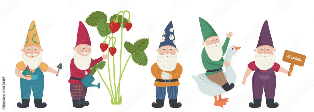 Vector illustration of little garden gnomes. Cute cartoon gnomes with garden fun decor, gnome watering strawberries, gnome sitting on a goose, gnome holding banner Vector illustration of little garden gnomes. Cute cartoon gnomes with garden fun decor, gnome watering strawberries, gnome sitting on a goose, gnome holding banner