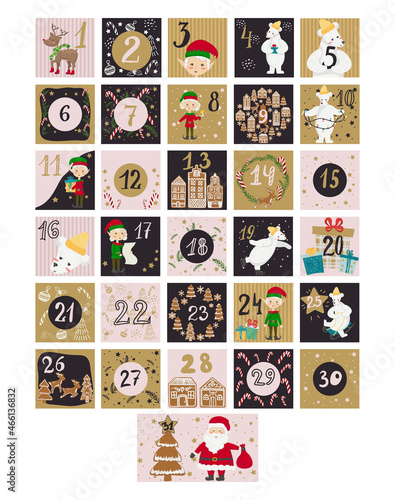 Advent calendar countdown to New Year 31 days with hand draw elements, elf, deer, gingerbread, santa claus, polar bear.
