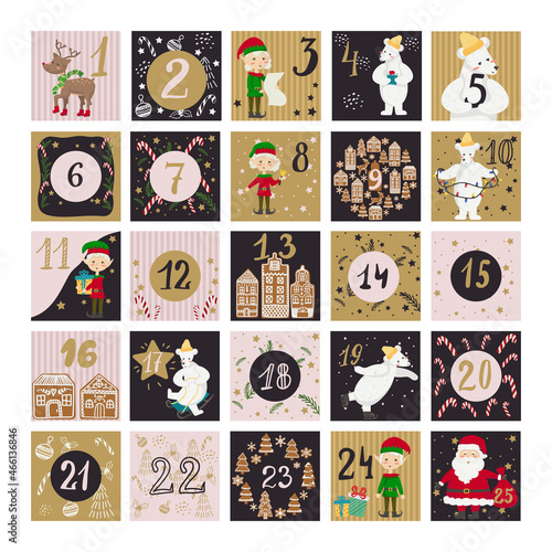 Advent calendar Christmas countdown 25 days with hand draw elements, elf, deer, gingerbread, santa claus, polar bear.