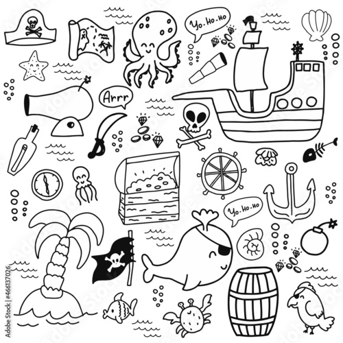 Vector isolated illustration set of doodle pirate bundle.Cute doodle pirate bundle, ship, whale, island, octopus, chest. Marine kids theme for fabric, textile, packaging
