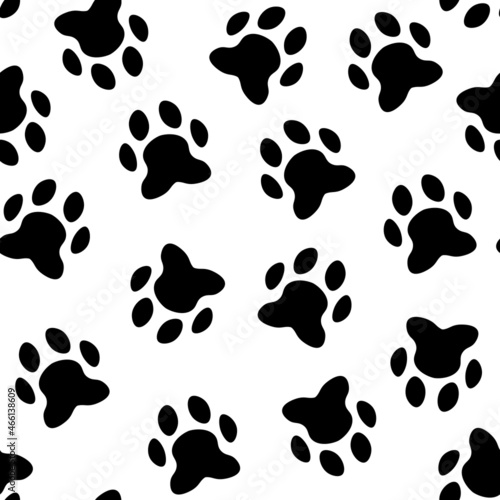 Flat cartoon animal footprint silhouette seamless pattern. Cat or dog foot, unknown animal. Black print paw trace. Vector illustration. Trendy style design