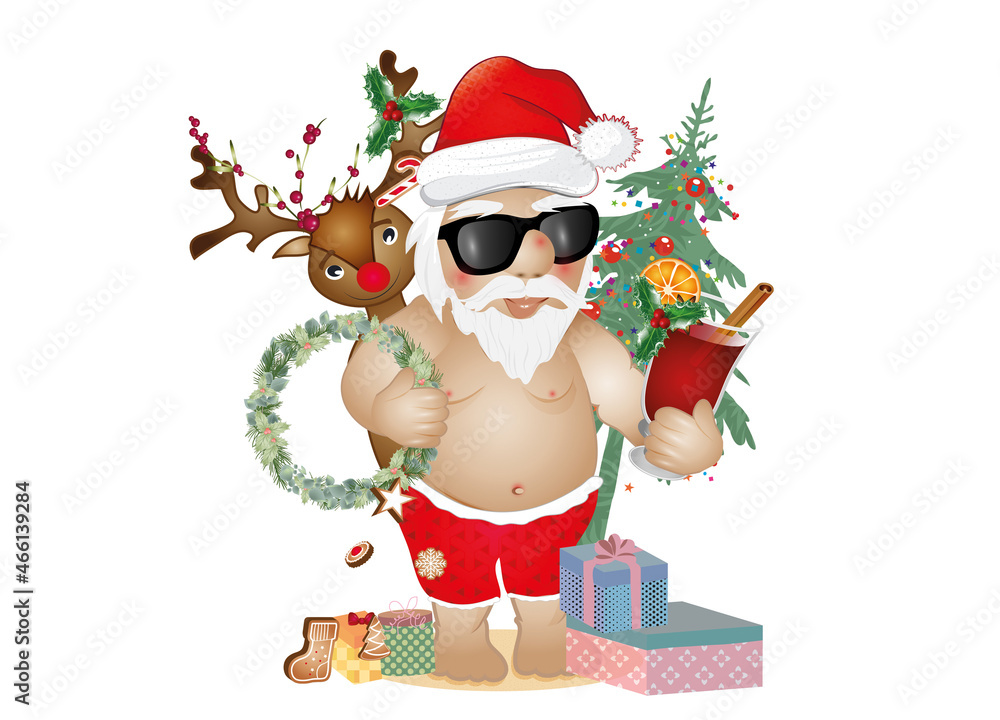Weihnachtsmann macht Urlaub mit Rentier am Strand Stock-Illustration |  Adobe Stock