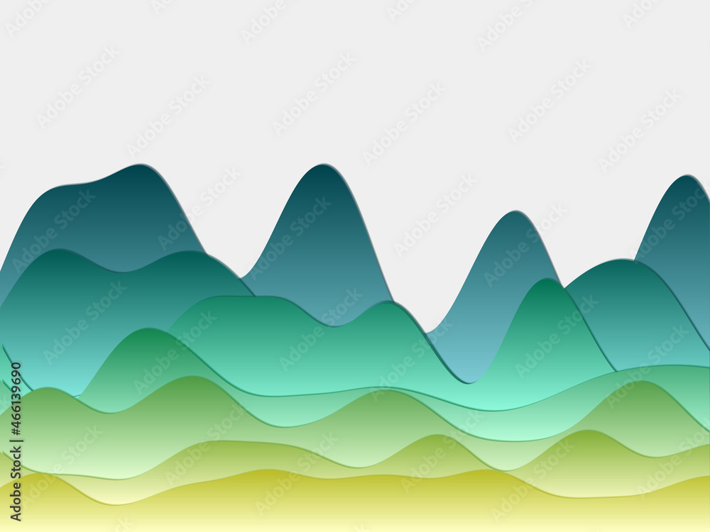 Abstract mountains background. Curved layers in blue green yellow colors. Papercut style hills. Amazing vector illustration.