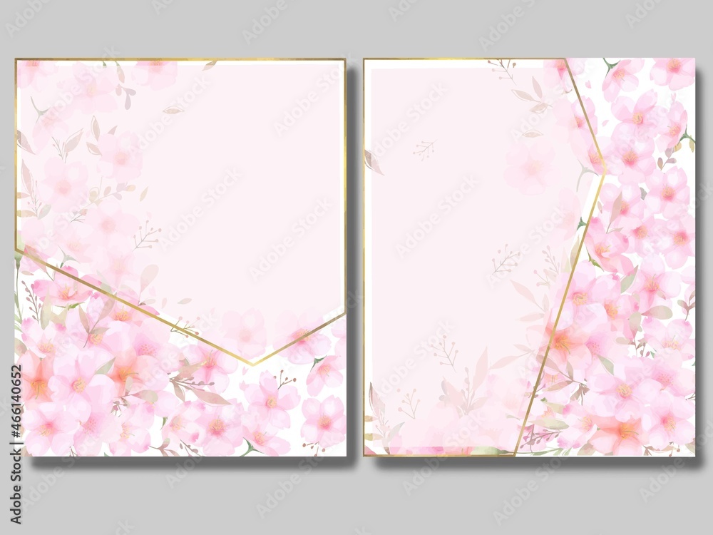 しく華やかなピンク色桜飾りの磨りガラスゴールドフレームベクター素材