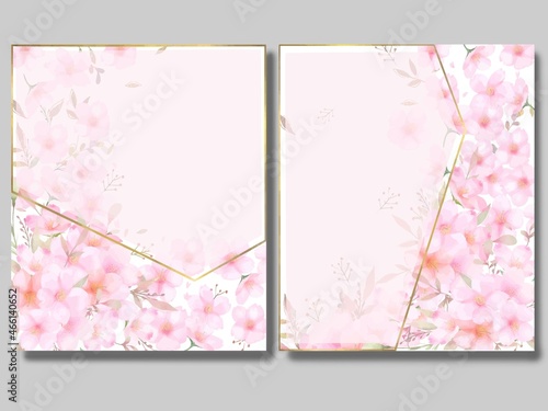 しく華やかなピンク色桜飾りの磨りガラスゴールドフレームベクター素材