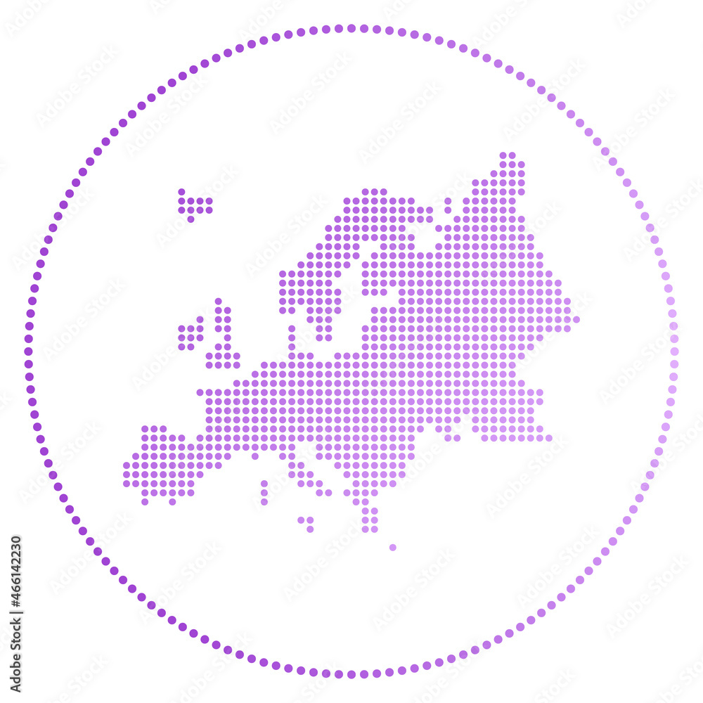 Europe digital badge. Dotted style map of Europe in circle. Tech icon of the continent with gradiented dots. Artistic vector illustration.
