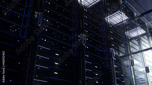 Modern interior server room data center. Connection and cyber network in dark servers. Backup, mining, hosting, mainframe, farm, cloud and computer rack with storage information. Close up, 3d render