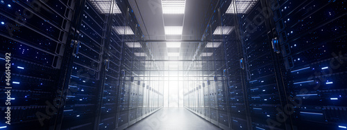Modern interior server room data center. Connection and cyber network in dark servers. Backup, mining, hosting, mainframe, farm, cloud and computer rack with storage information. 3d rendering photo