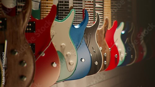 Seamless looping animation of assorted electric guitars. Musical instruments.