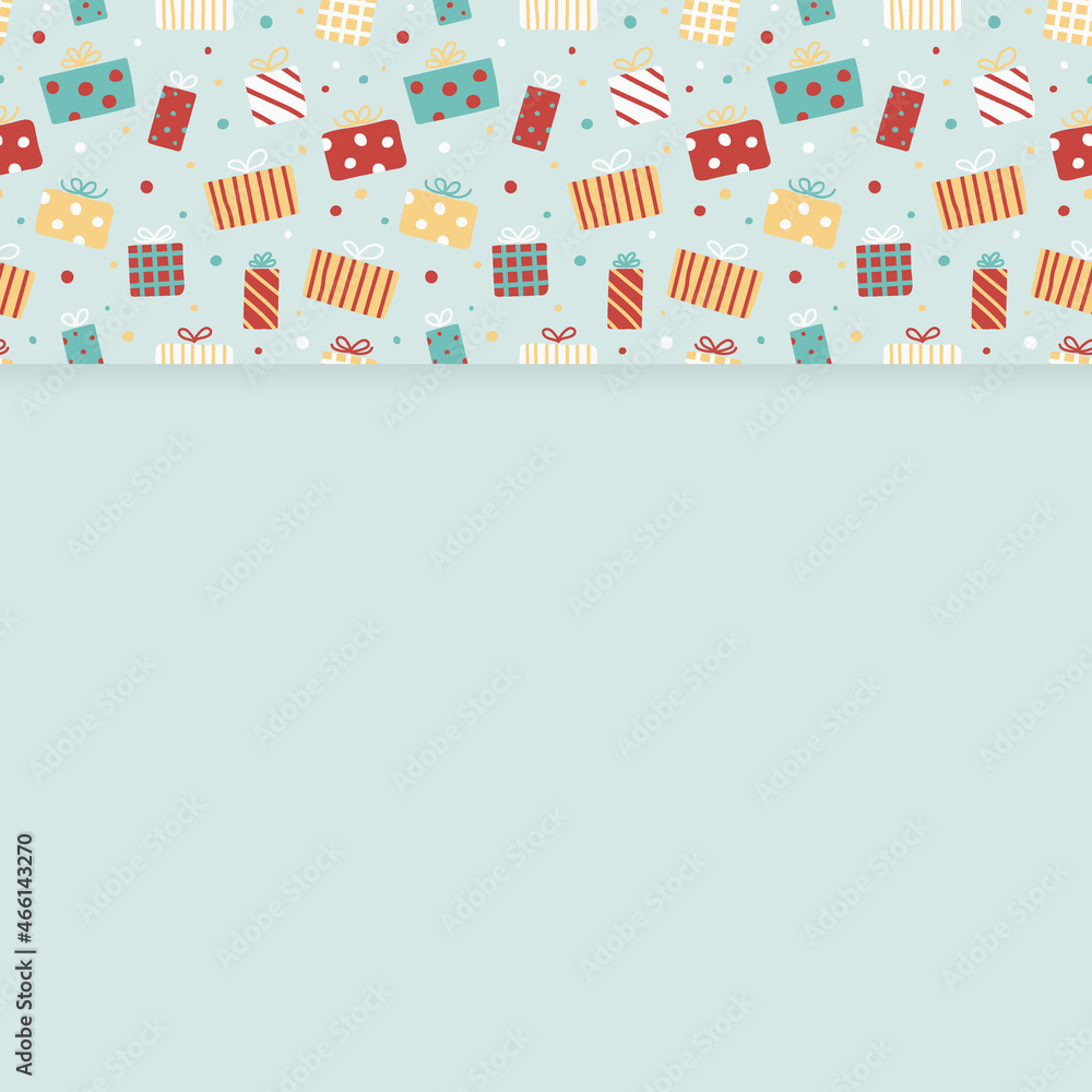Concept of an empty background with hand drawn present boxes. Christmas design. Vector