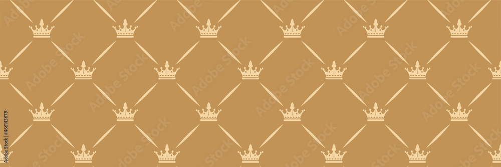 Beautiful background image with royal crowns on a gold background for your design. Seamless background for wallpaper, textures. 