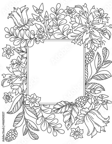 Ornate floral frame, border with space for text. Hand drawn coloring page for kids and adults. Beautiful drawing with patterns and small details. Coloring book pictures. Vector, letter format 8.5 x 11
