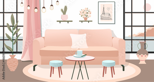Living room in apartment. Interior 3D illustration. Girl room with furniture: sofa, houseplant, window, curtains, coffee cup and pictures on wall. Home interior design. Light, soft colors, pink. beige