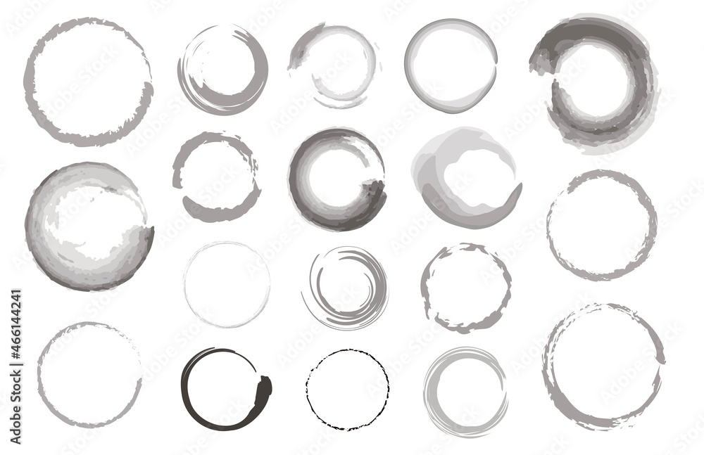 Black ink rings isolated on white watercolor paper background Watercolor Dots.Abstract Hand Paint Spots on Paper. 