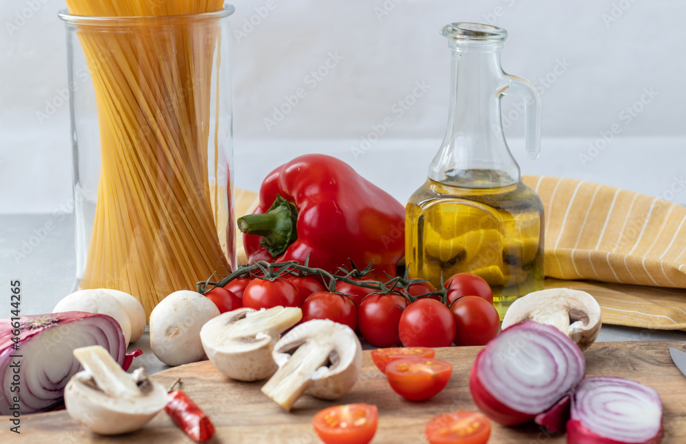 Vegetable spaghetti pasta ingredients close up Vegetable spaghetti pasta ingredients close up
