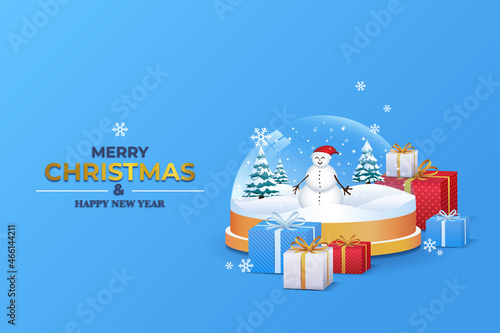 Merry Christmas and Happy New Year. christmas background with snowman and gifts
