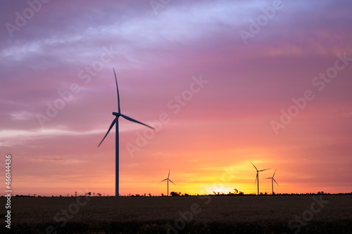 Wind turbines at dawn. Picturesque view of the wind power generator. Production of environmentally friendly energy.