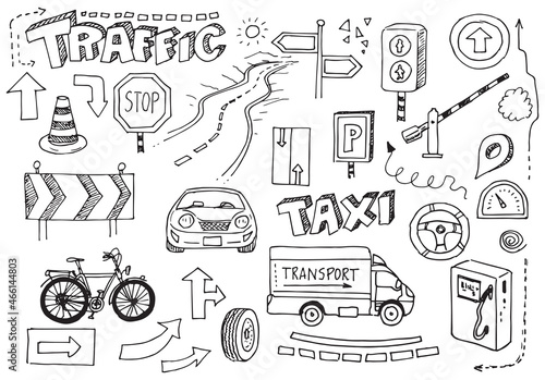 Traffic hand drawn vector doodles set
