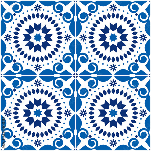 Azulejo Lisbon tile seamless vector pattern in navy blue, traditional wallpaper or textile, fabric print design inpired by old tiles from Portugal and Spain
 photo