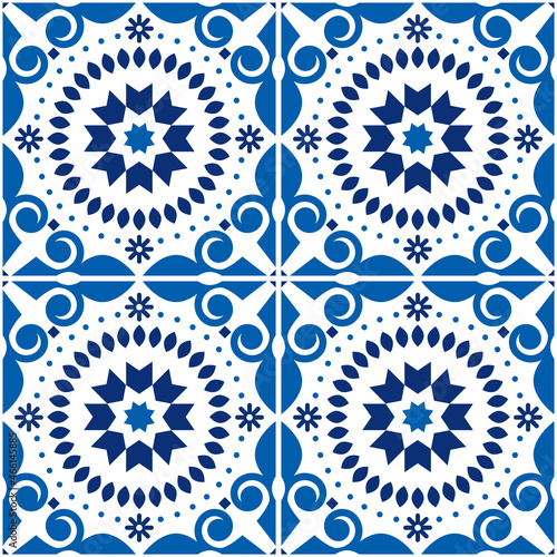 Azulejo Lisbon tile seamless vector pattern in navy blue, traditional wallpaper or textile, fabric print design inpired by old tiles from Portugal and Spain
