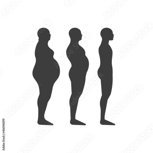 Process of losing weight. Three male black silhouettes isolated on white background