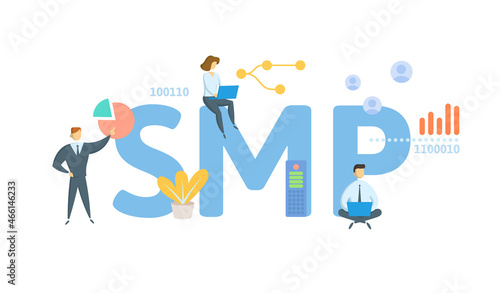 SMP, Social Media Platform. Concept with keyword, people and icons. Flat vector illustration. Isolated on white.
